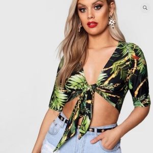 Front Tie Palm Print Crop Top
